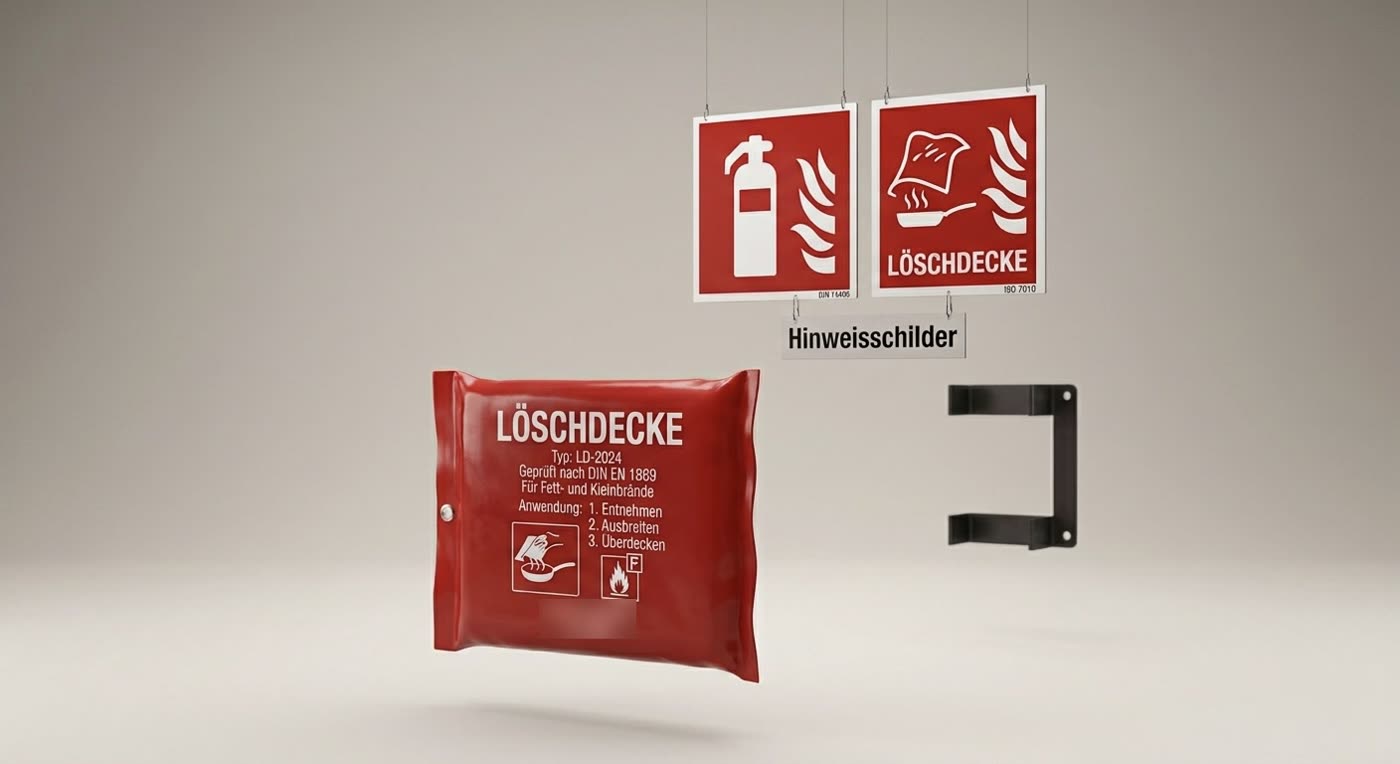 Löschdecke und Brandschutz-Hinweisschilder